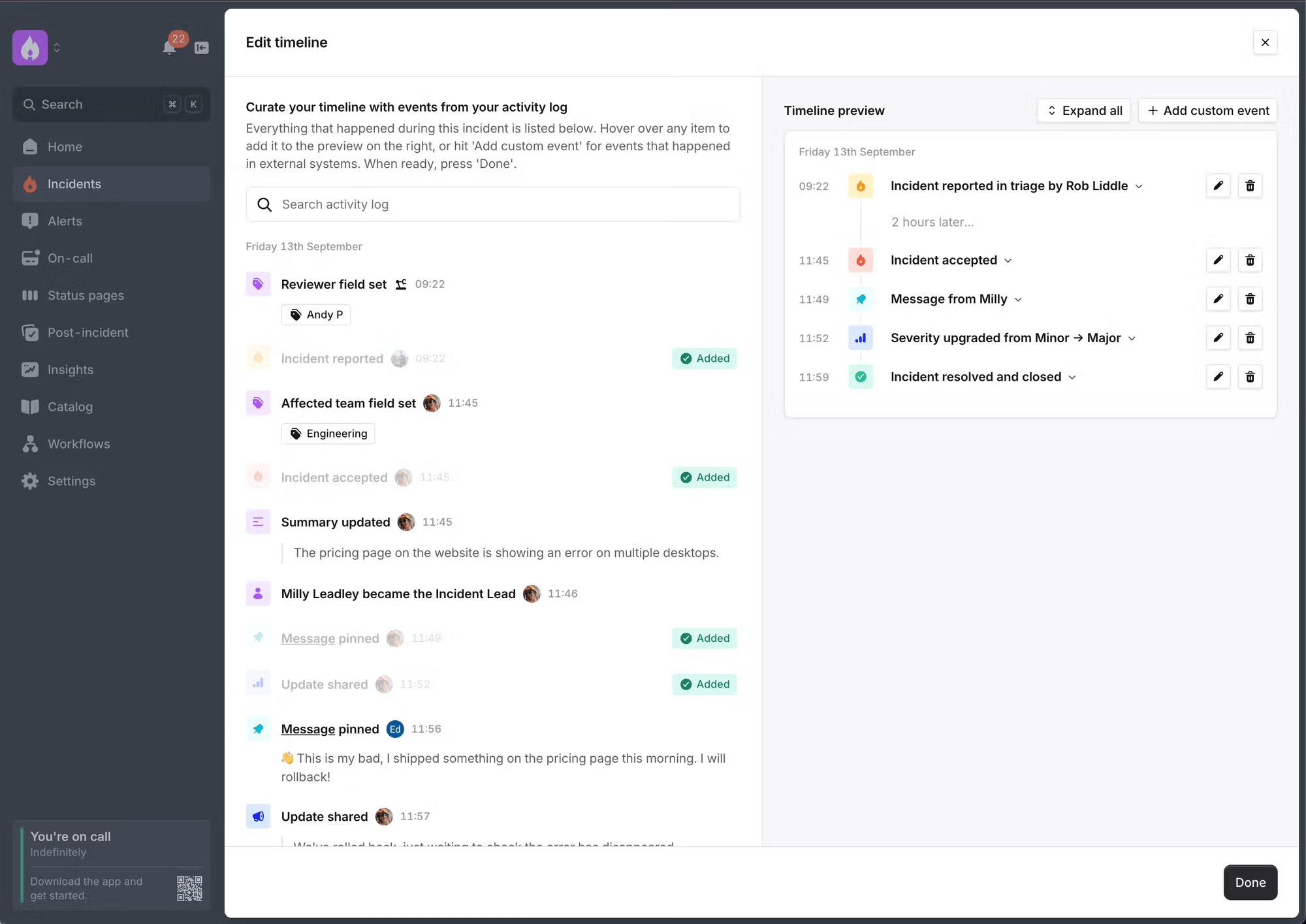 SCREENSHOT: incident.io incident timeline view