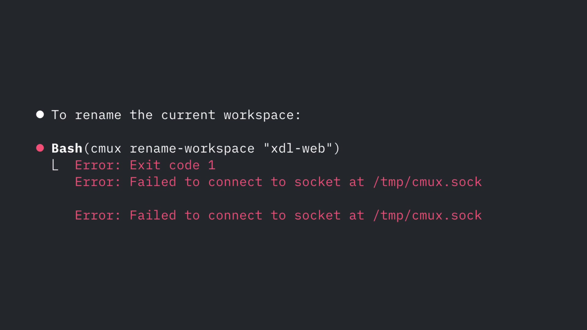 The red error text "Error: Failed to connect to socket at /tmp/cmux.sock" is shown in the terminal.