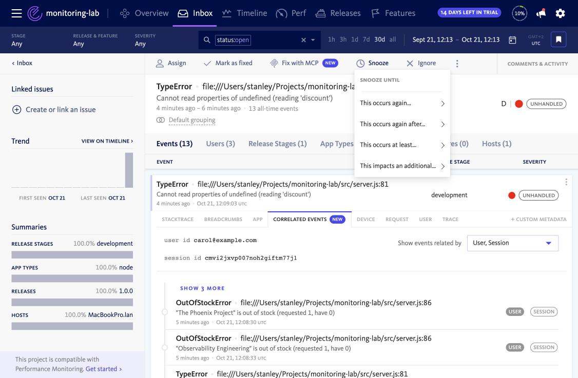 BugSnag snooze conditions