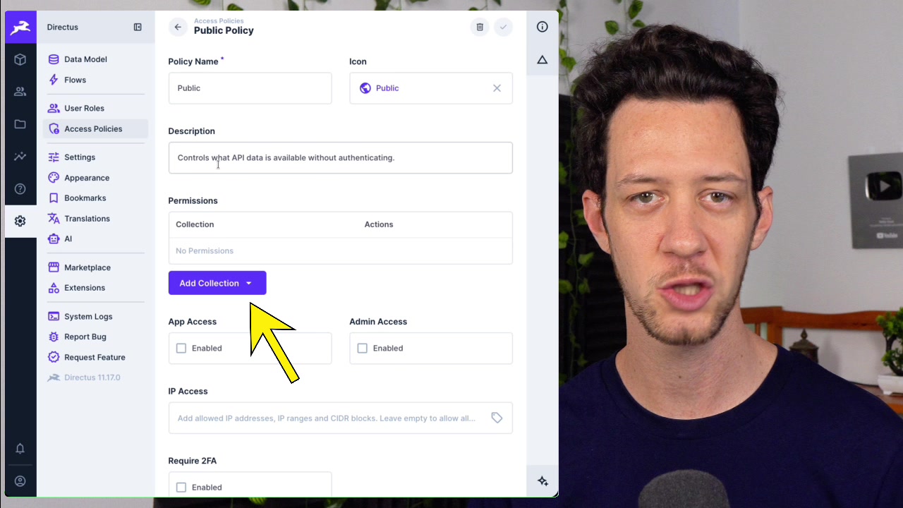 Public Policy screen where permissions for the orders collection are being configured
