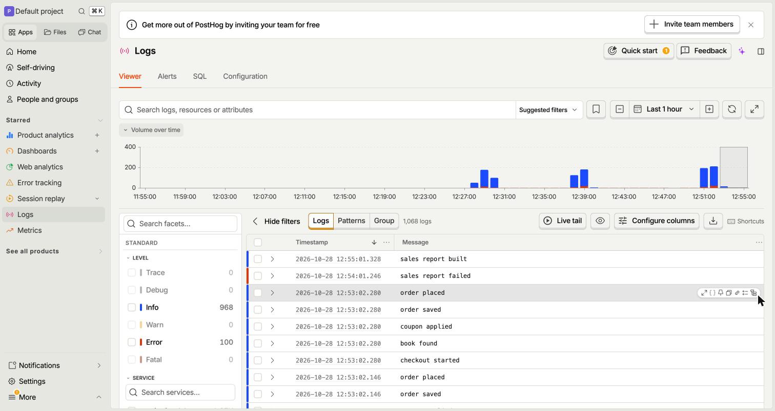 PostHog Logs viewer with Patterns, Group and Live tail views