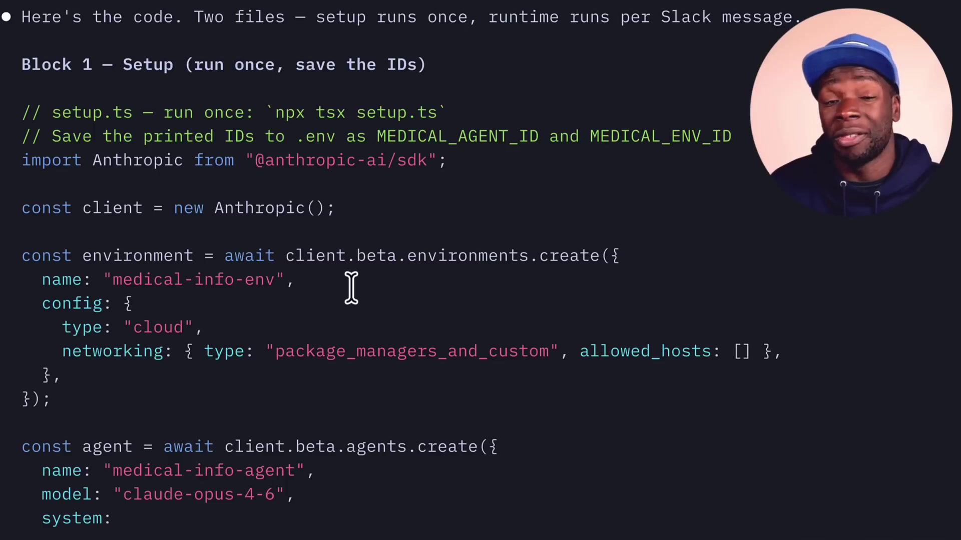 Generated TypeScript code for setup.ts showing creation of the environment and agent using the Anthropic SDK
