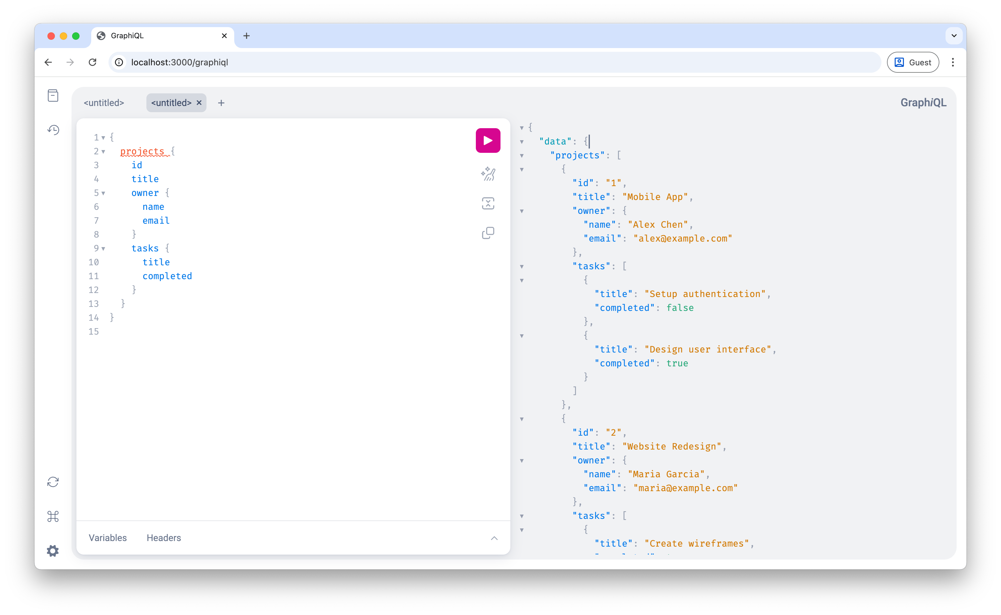 Screenshot of GraphiQL displaying nested query results with project and task data
