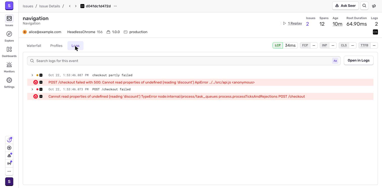 Sentry trace Logs tab with browser and server log lines