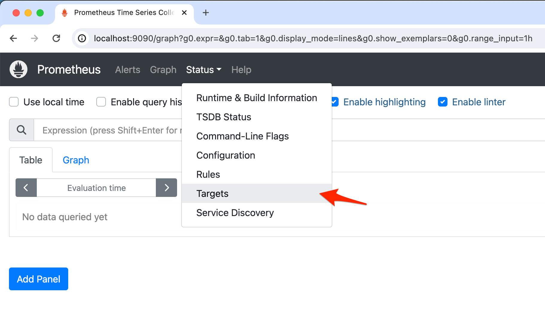 Screenshot showing where to click the "Targets" link