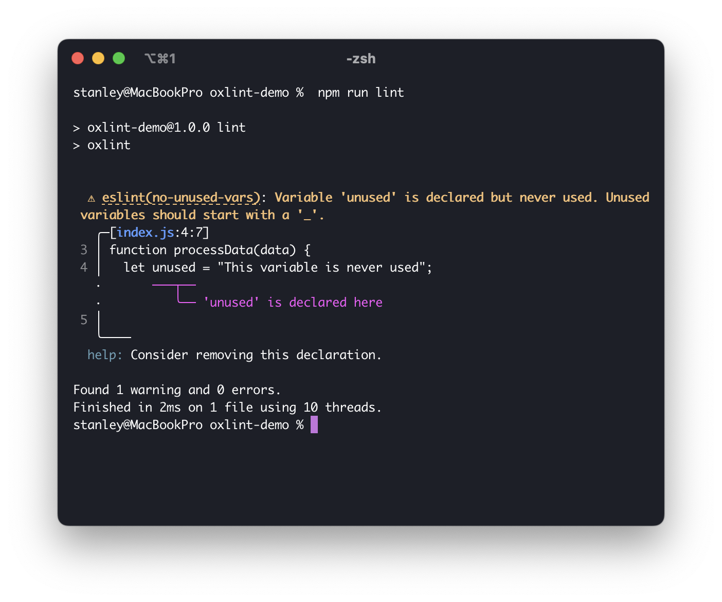 Screenshot of the terminal showing Oxlint output
