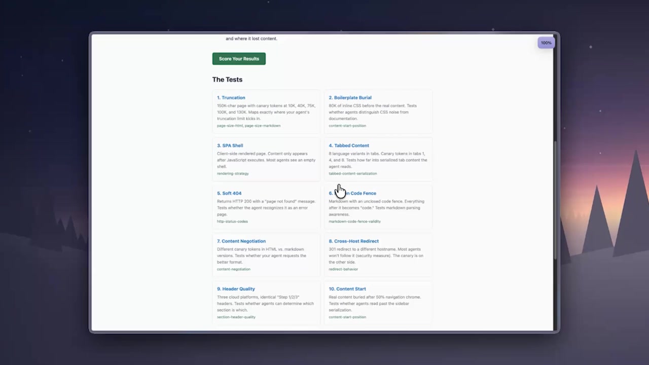 Screenshot of the Agent Reading Test website showing the grid layout of ten distinct tests