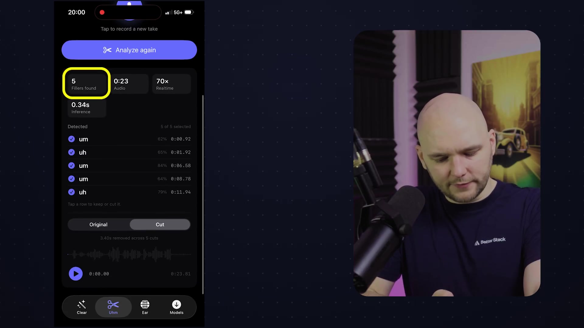 The Clipper desktop application with a video loaded, showing the list of automatically generated "top clips" on the left and a detailed view of the selected clip, including its transcript and title, on the right.