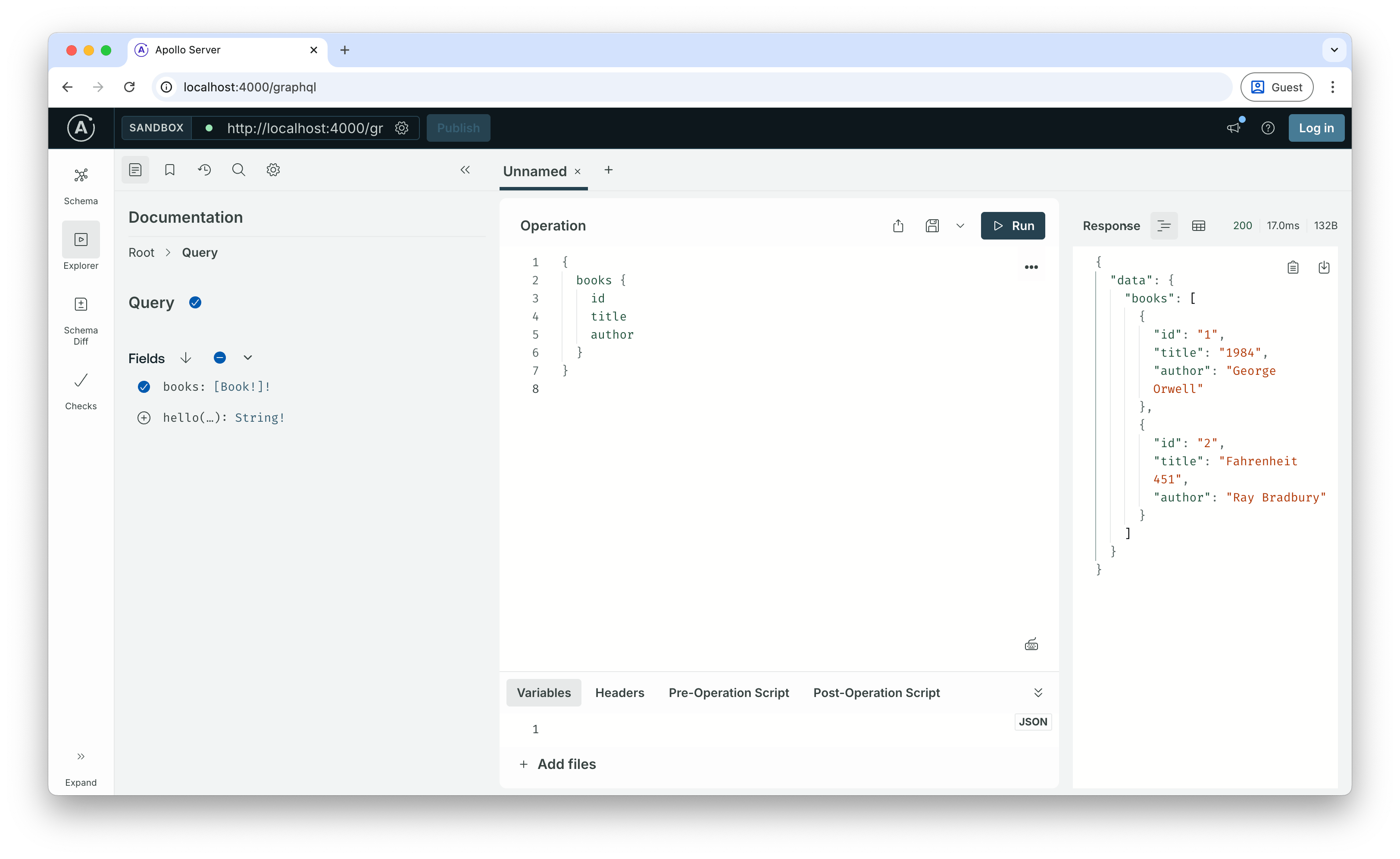 Apollo Studio showing query results with book data