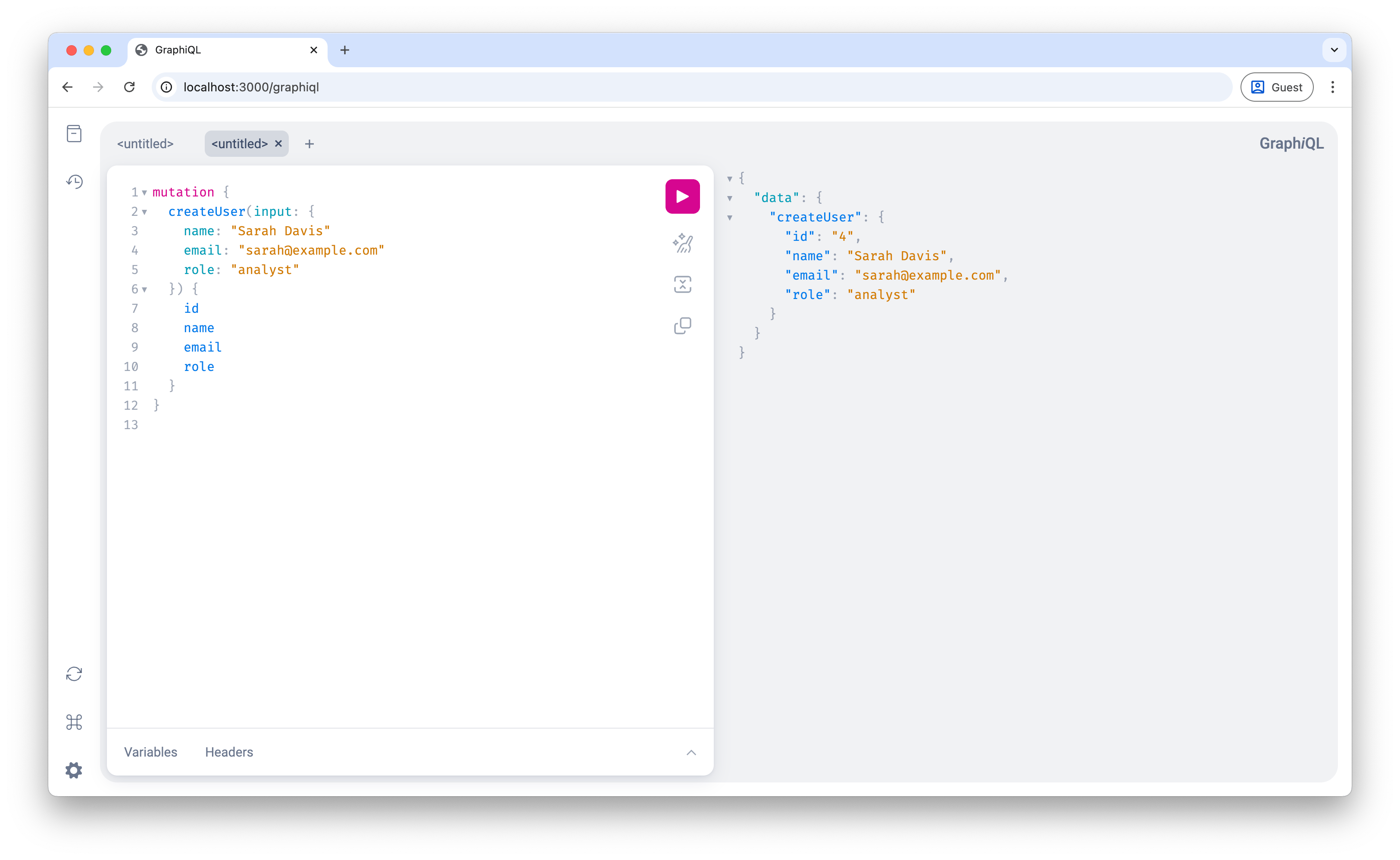 Screenshot of GraphiQL showing mutation results