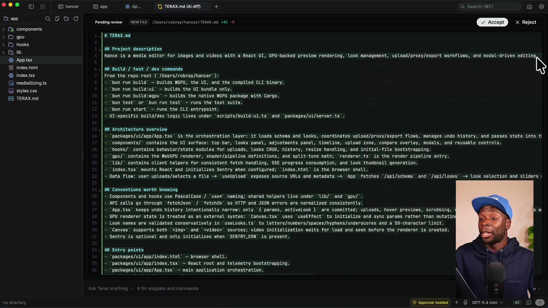 AI agent has generated a TERAX.md file presented as a diff in the main editor with green highlighting and Accept and Reject buttons