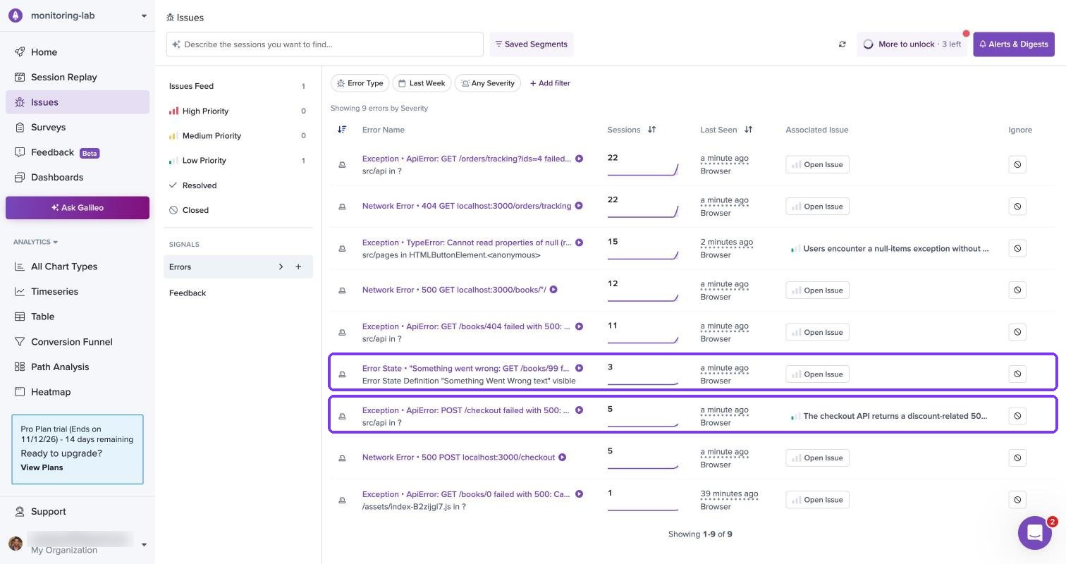 LogRocket Error State row for error text visible on the page