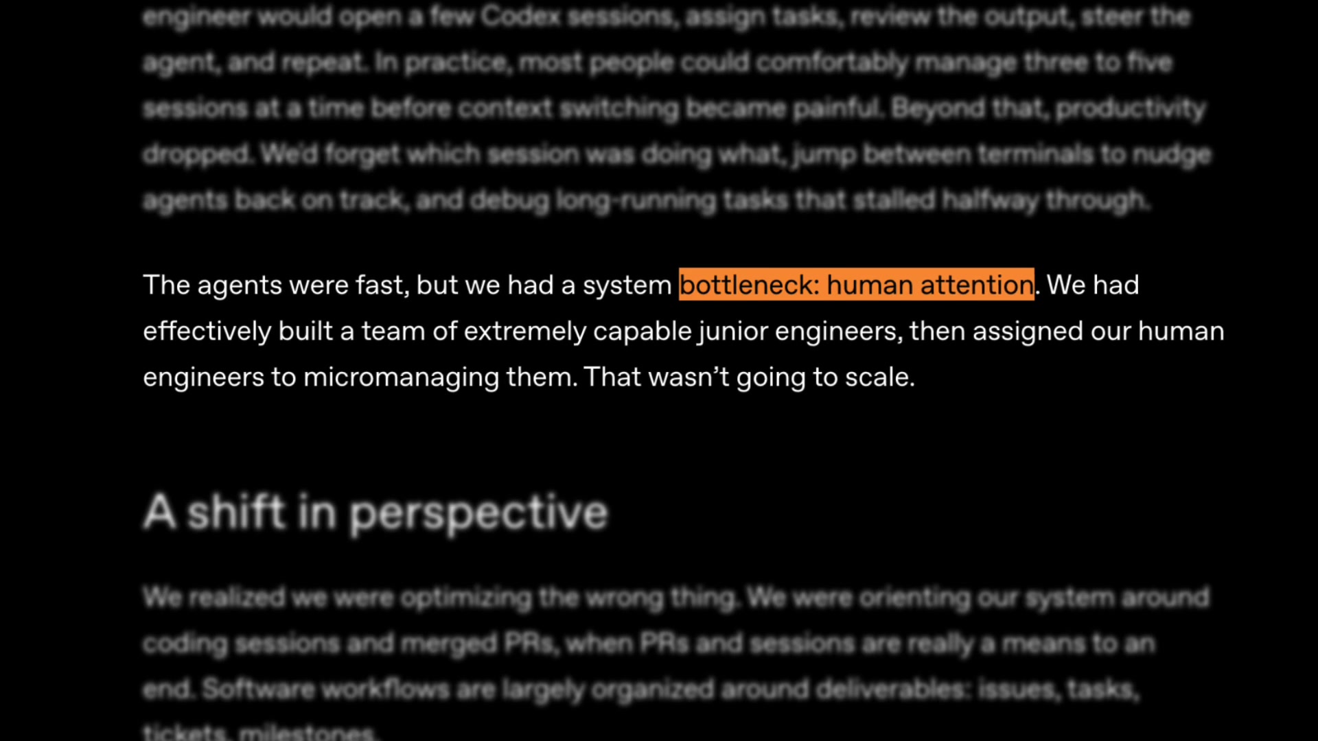 OpenAI blog snippet highlighting the "bottleneck: human attention" problem explaining that engineers became micromanagers for AI agents
