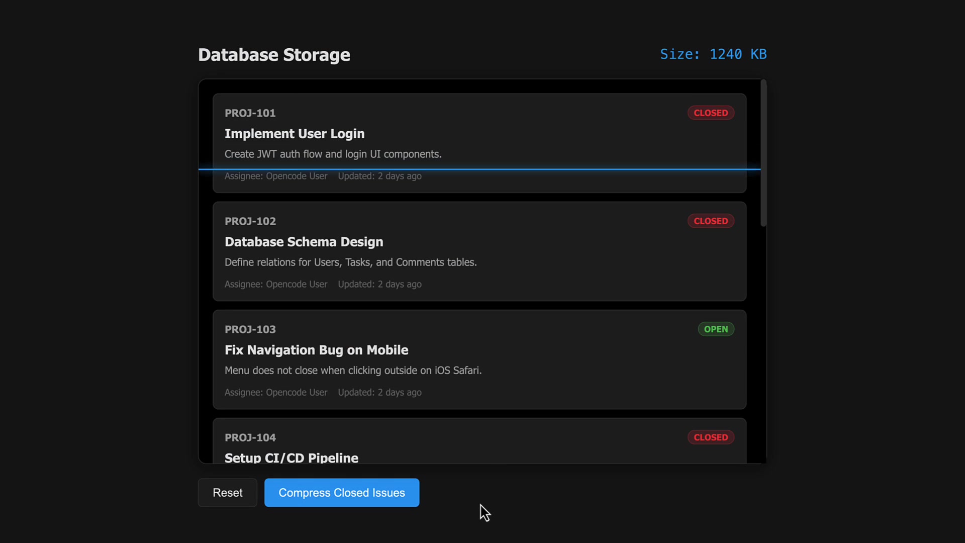 An animation showing the database size being reduced after running the "Compress Closed Issues" action.