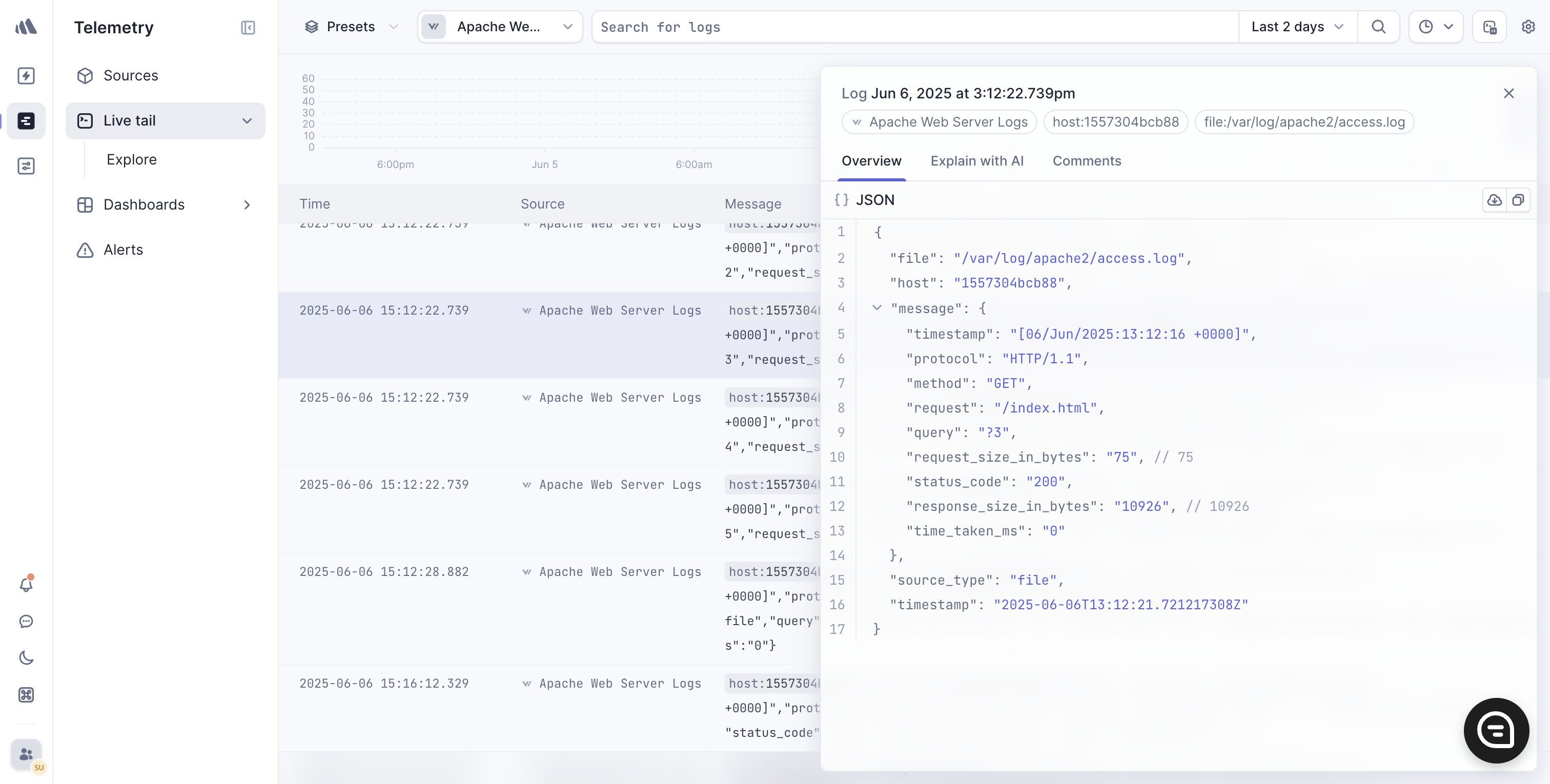 Expanded log entry view displaying detailed JSON fields in Better Stack
