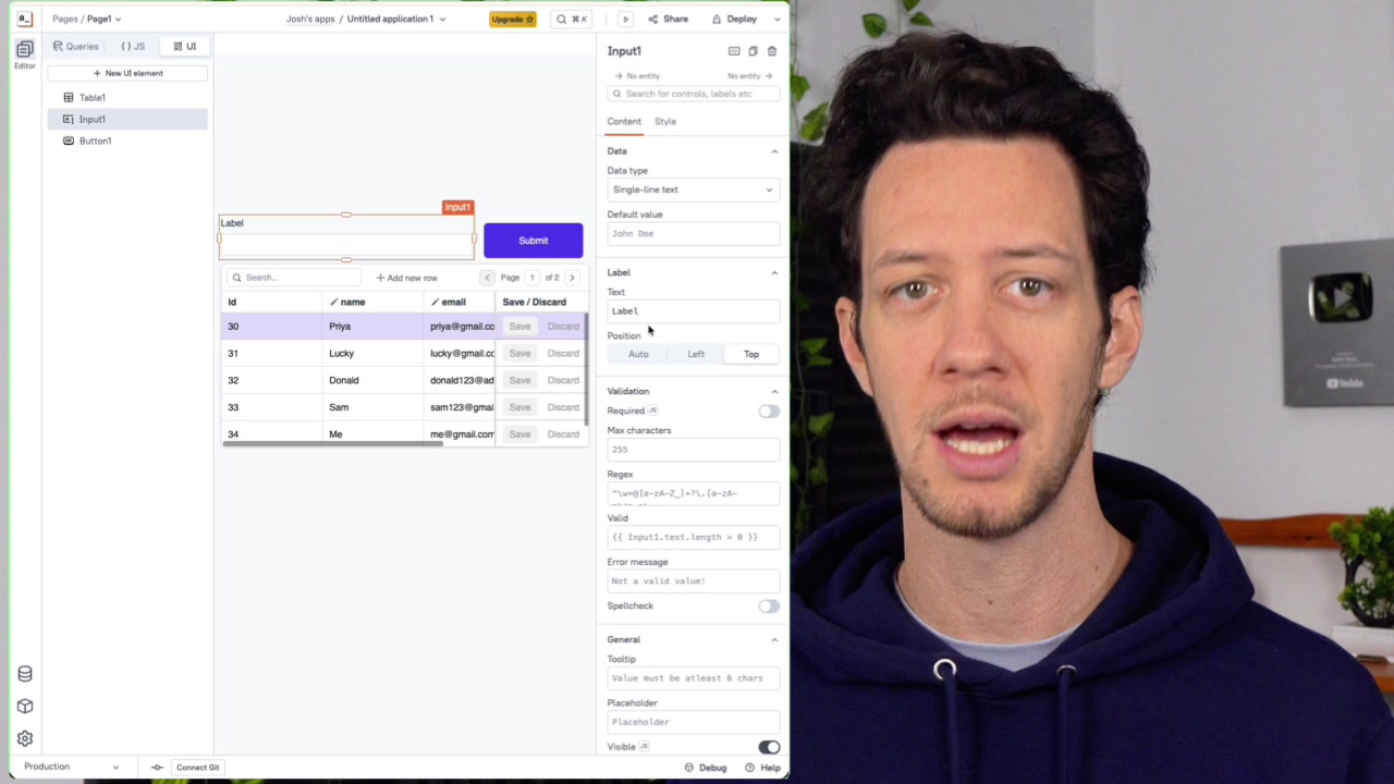 Canvas showing the Input and Button widgets positioned above the data-filled table forming a complete interface layout