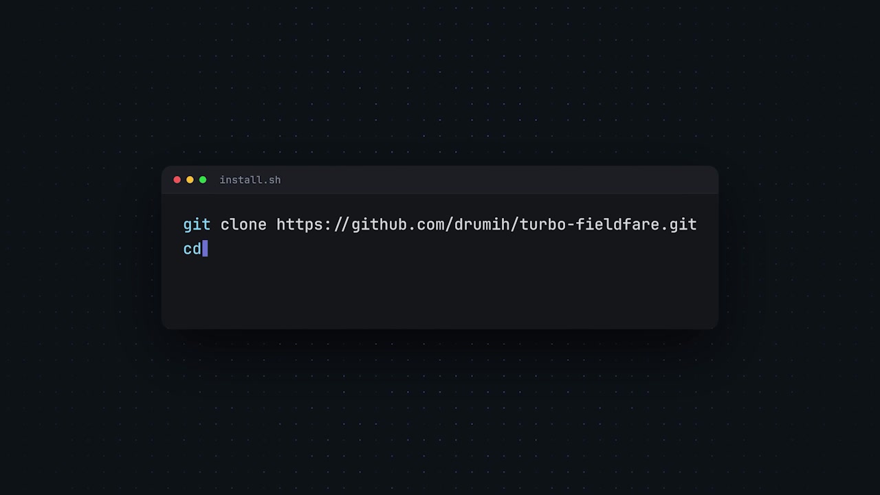 A terminal window displaying the four commands needed to clone, build, and run the TurboFieldfare application.