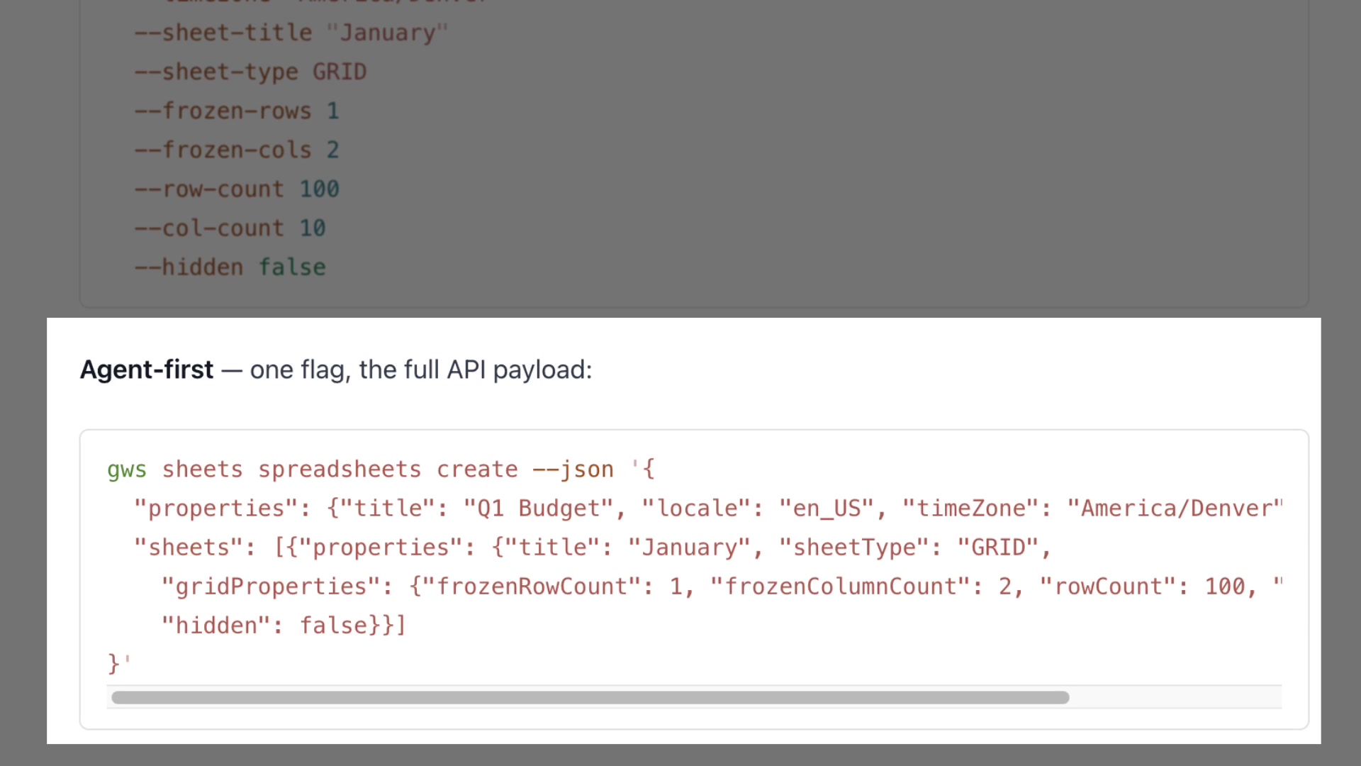 Comparison from the blog post showing the numerous flags of a human-first CLI versus the single JSON payload approach in gws