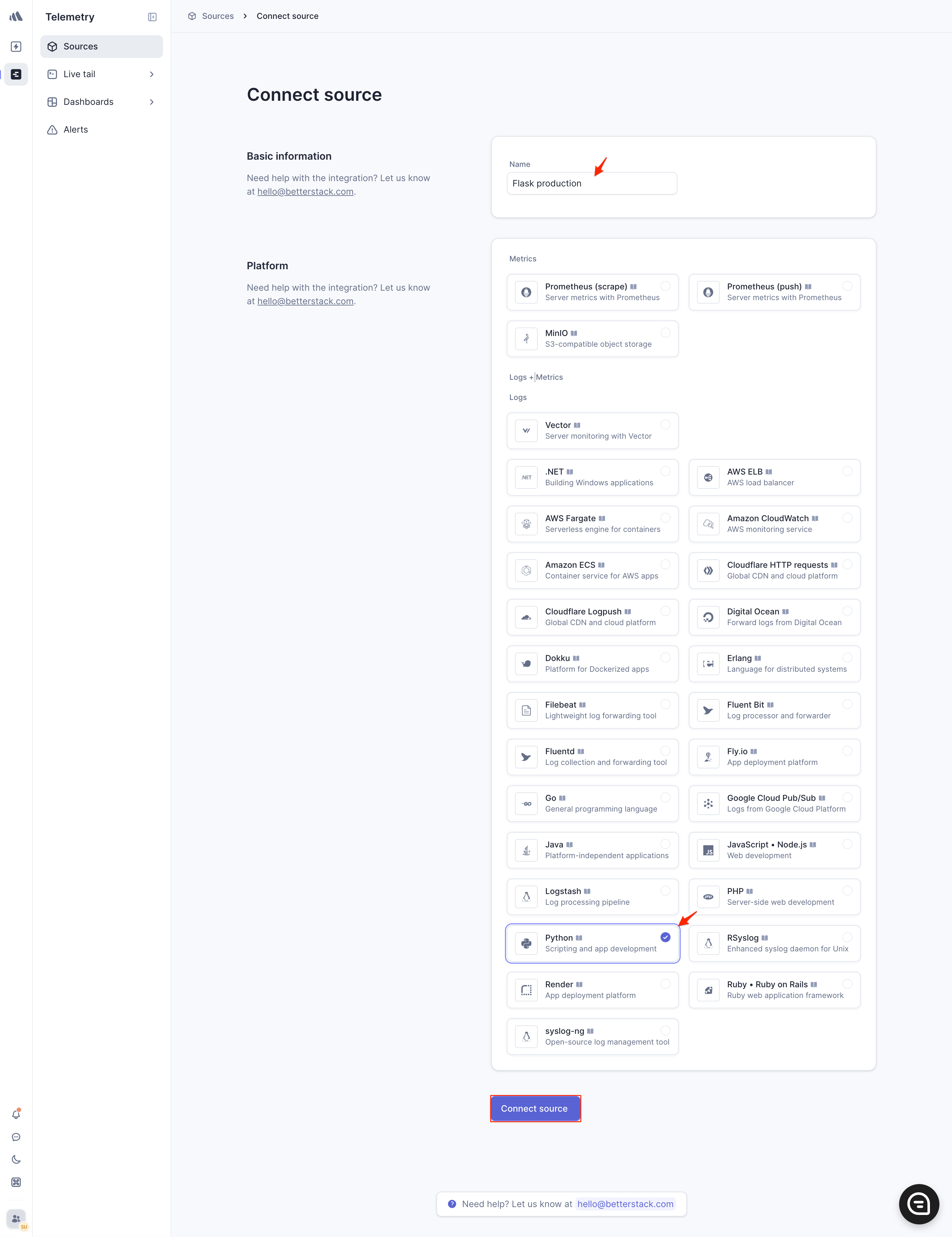 Create Better Stack Telemetry source