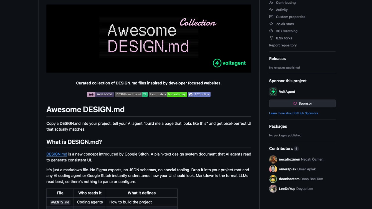 View of the "Awesome DESIGN.md" GitHub repository highlighting its purpose and popularity