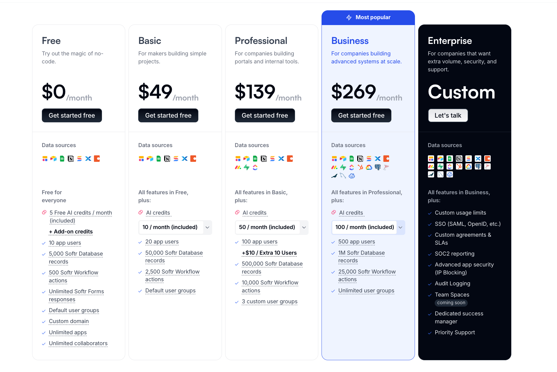 Screenshot of Softr's pricing showing Free, Basic at $49, Professional at $139, Business at $269, and Enterprise