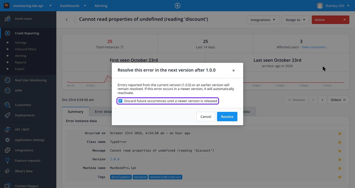 Raygun Resolve in next version dialog