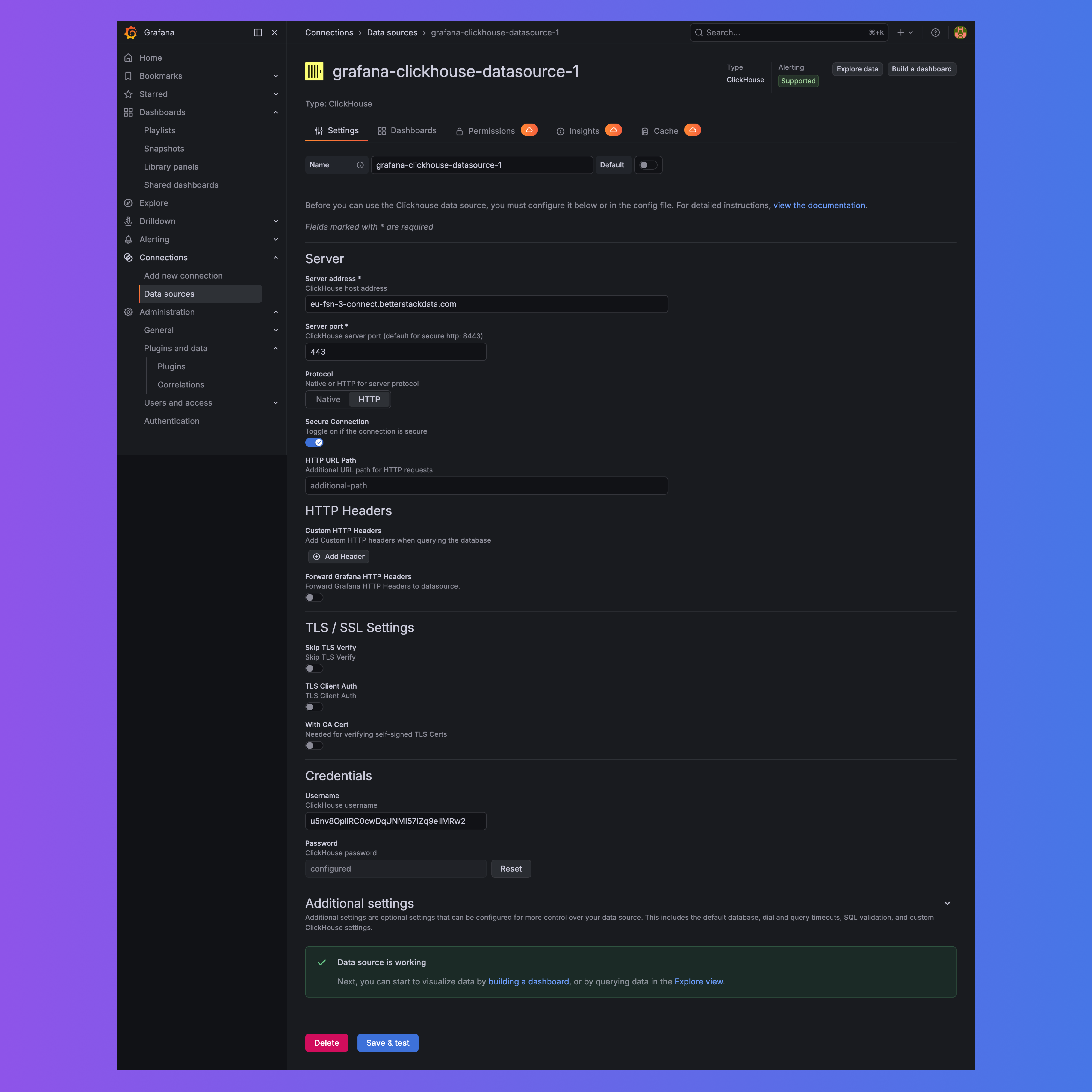 Grafana ClickHouse data source configured for Better Stack