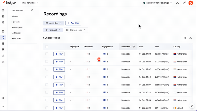 Screenshot of Hotjar UI