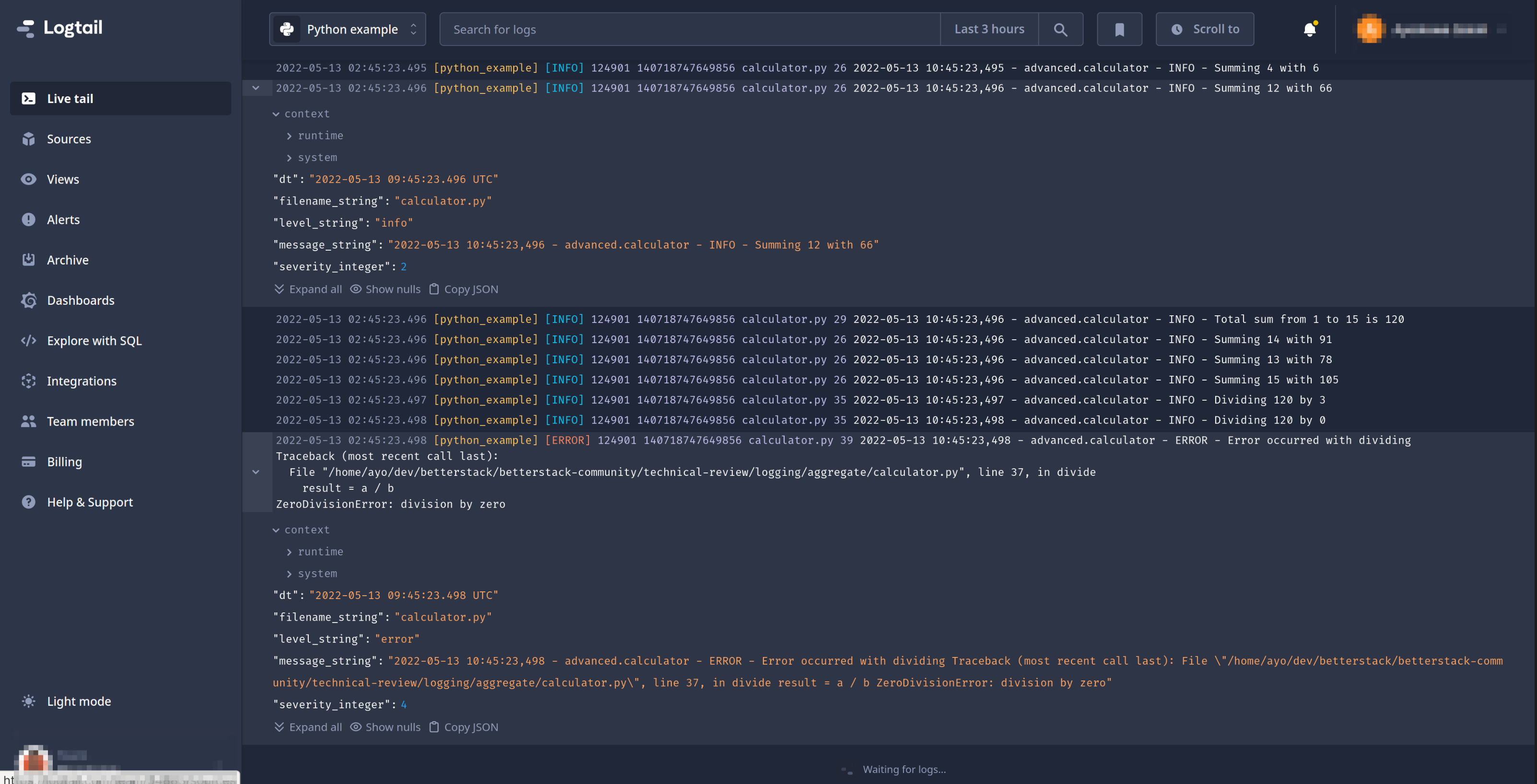 Example of Logtail dashboard with logs