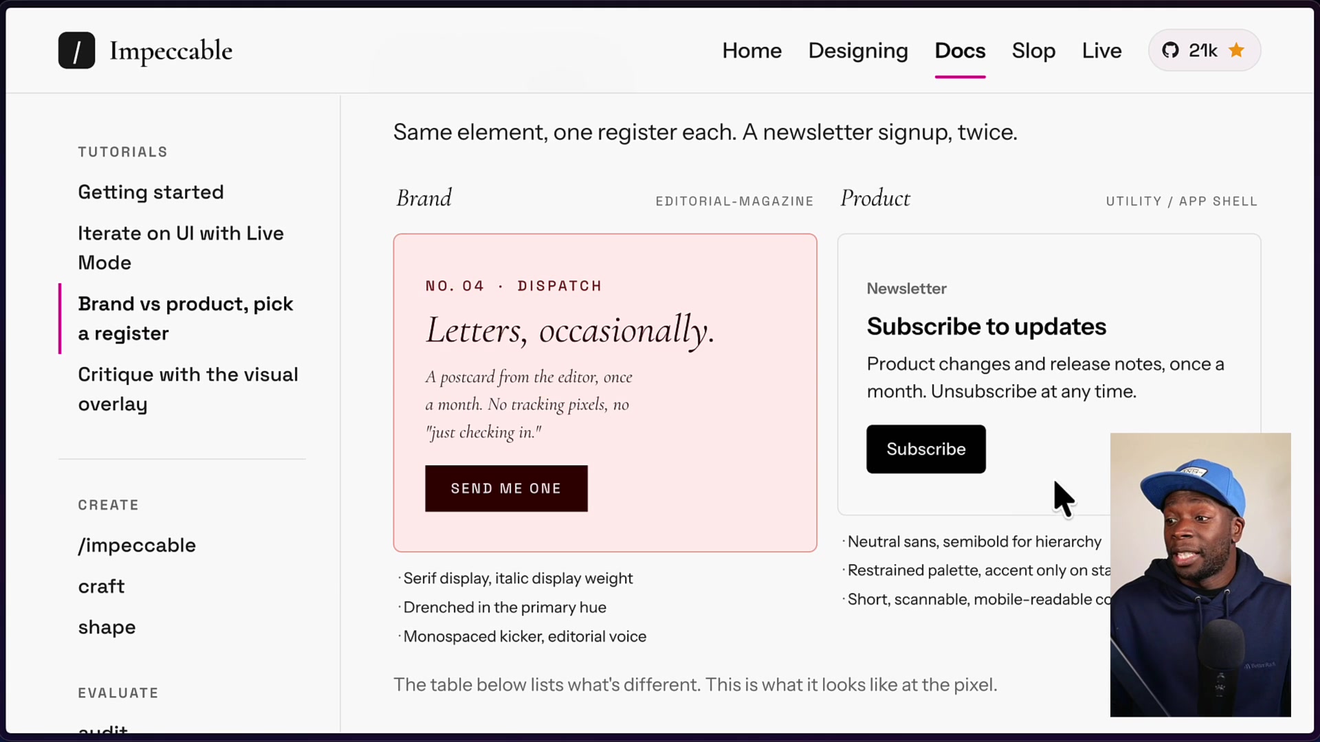 Clear comparison between a "Brand" and "Product" design for the same newsletter signup form element