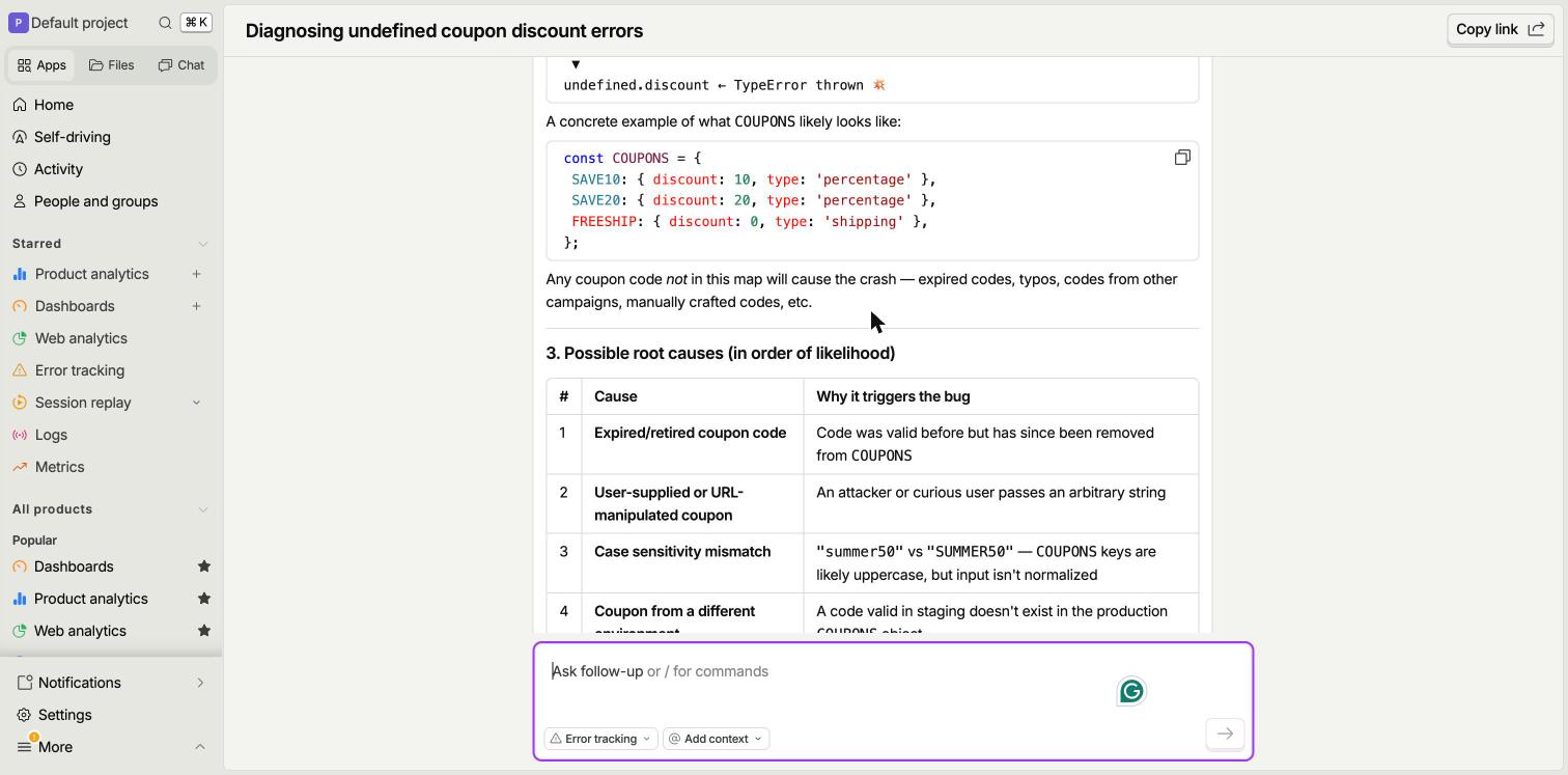 PostHog AI guessing the app's coupon list