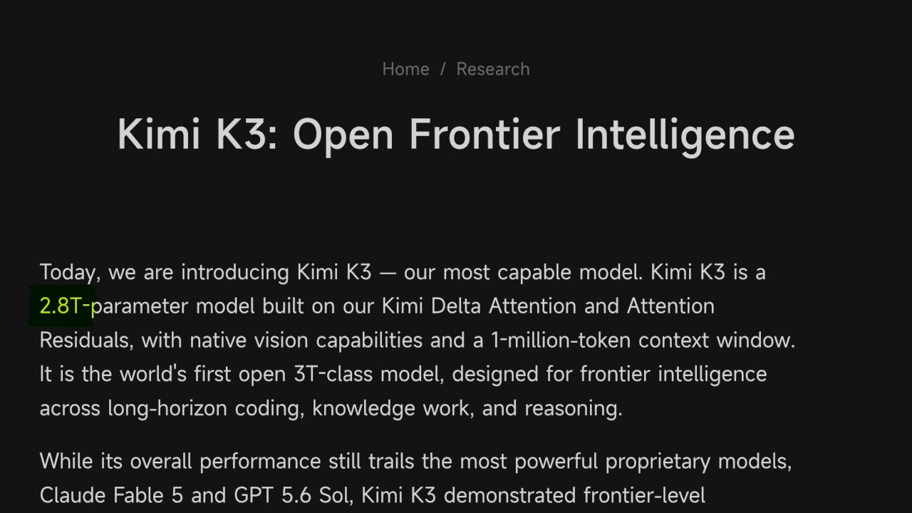 A screenshot from the Kimi K3 announcement blog post detailing the model's core specifications.