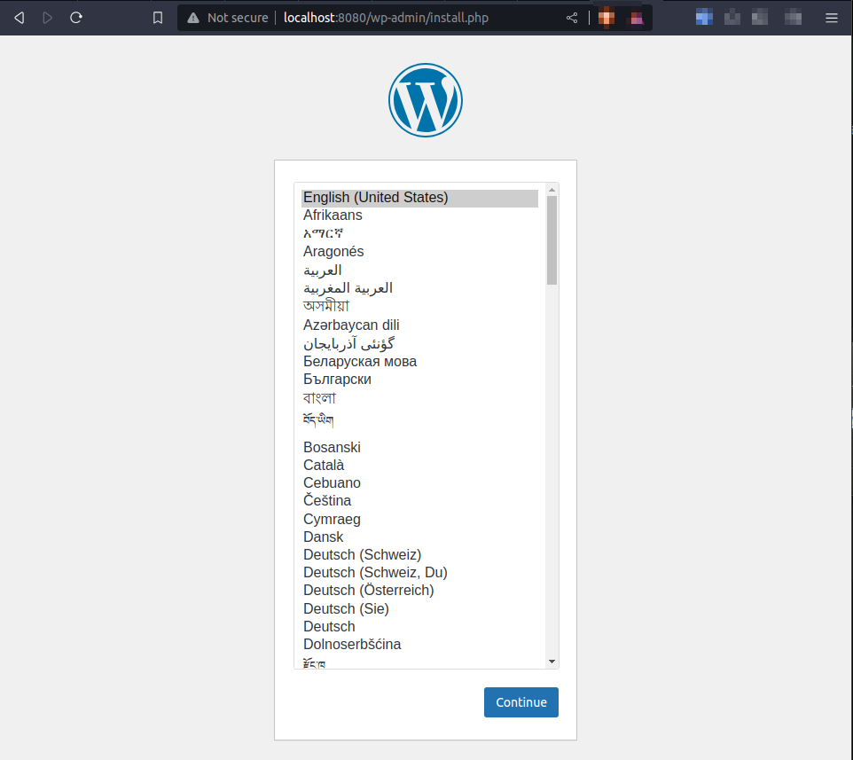 Wordpress installation page