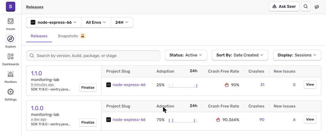 Screenshot: sentry-51-releases-list-both-versions