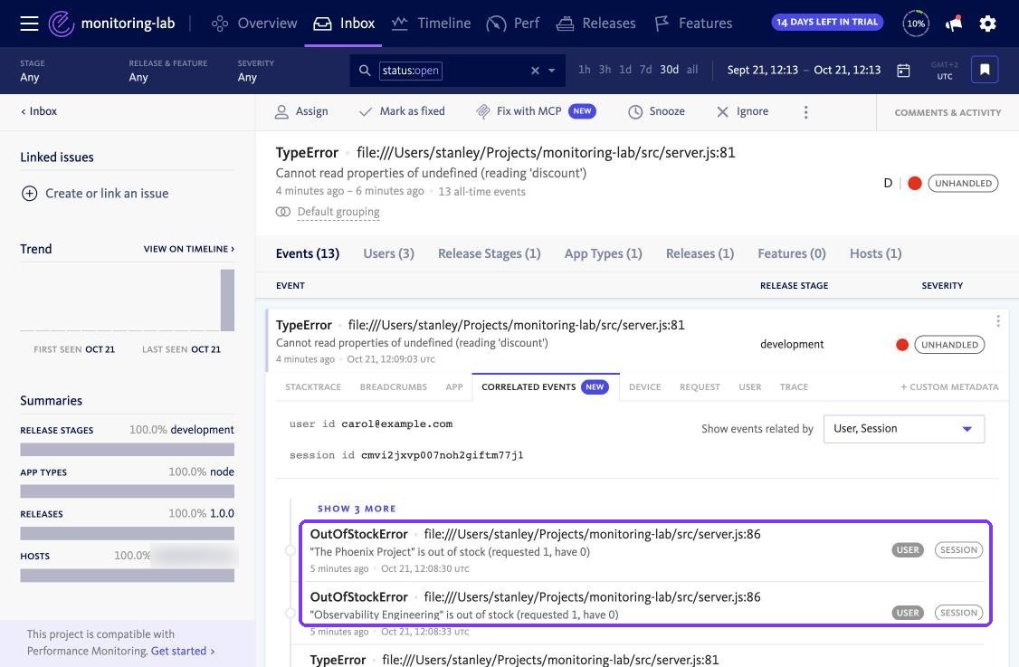 BugSnag Correlated events tab for one shopper