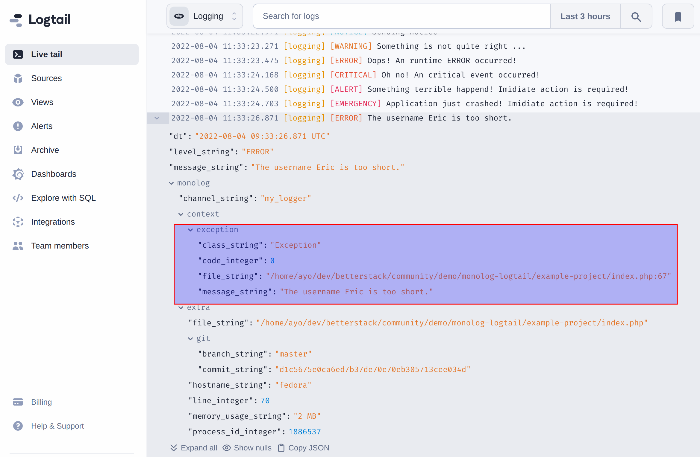 Monolog exception details in Logtail