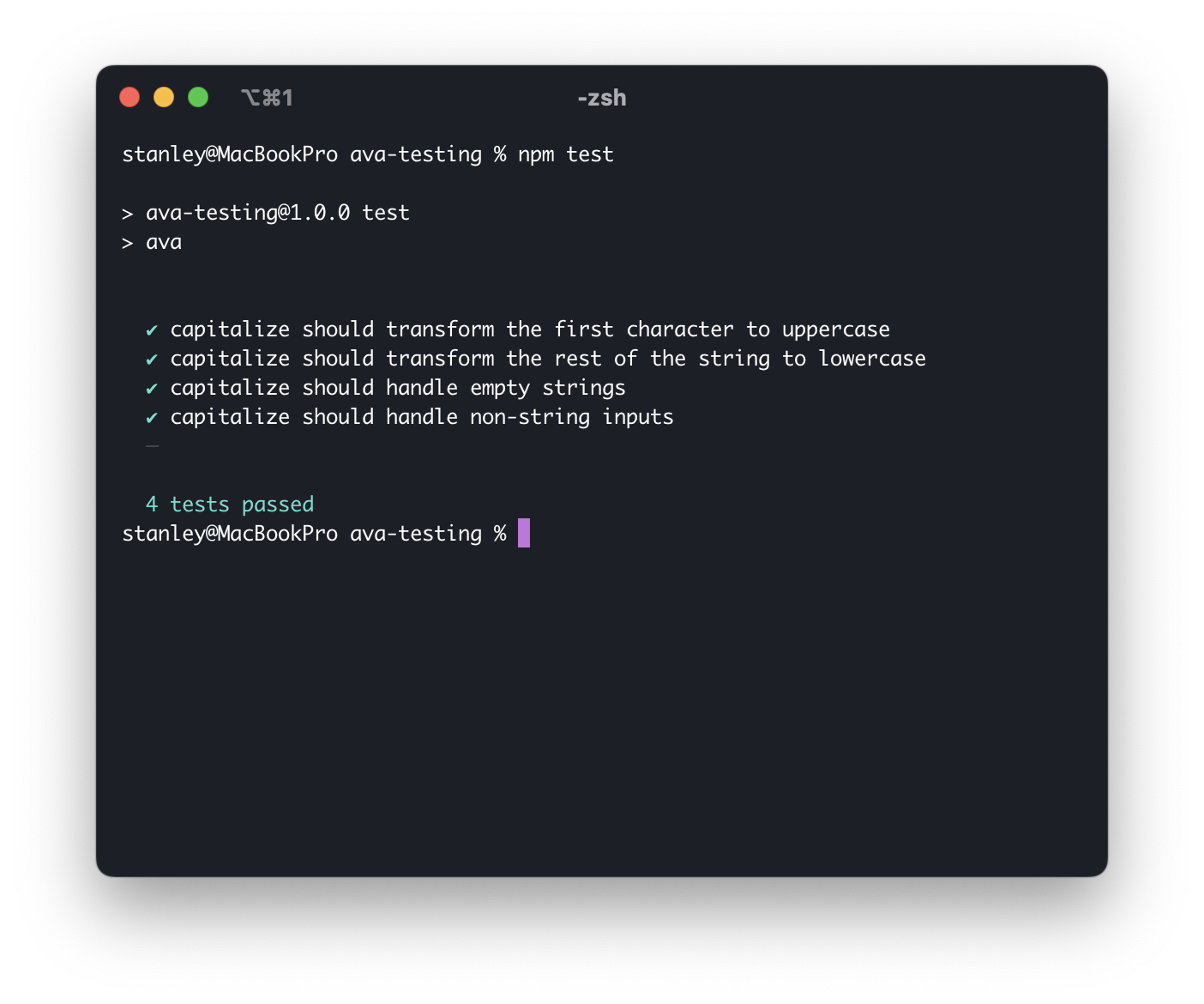 Screenshot of the four tests passing