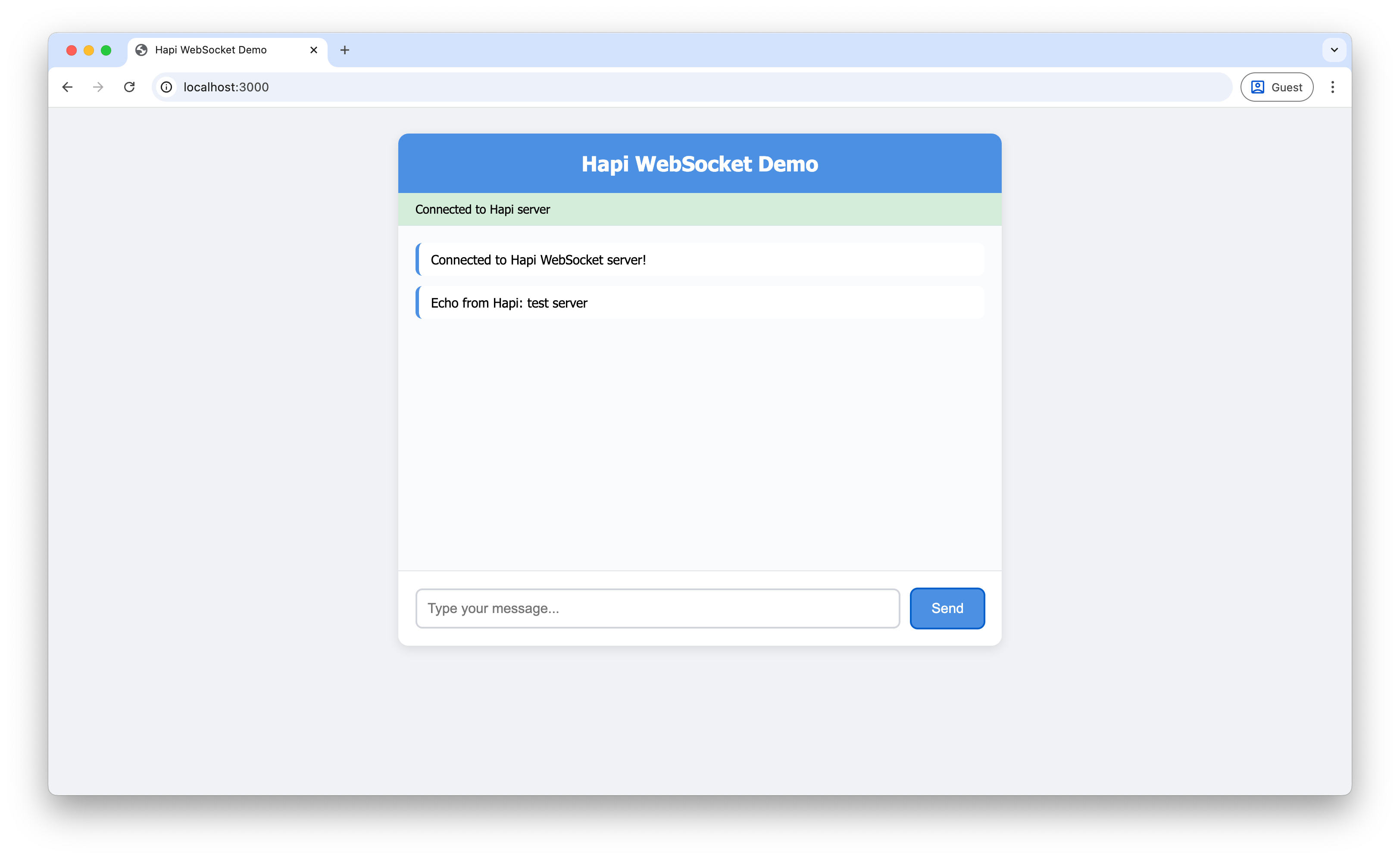 Screenshot of echoed message in the Hapi interface