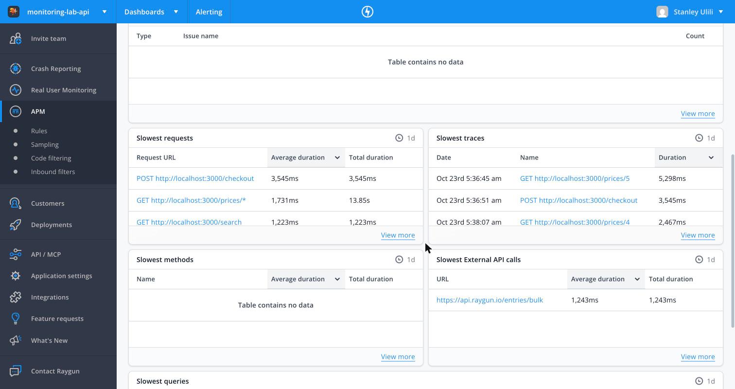 Raygun APM slowest tables with empty methods and queries