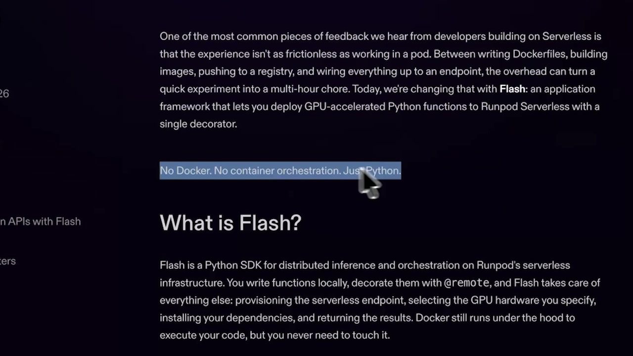 Runpod blog excerpt reading "No Docker. No container orchestration. Just Python."