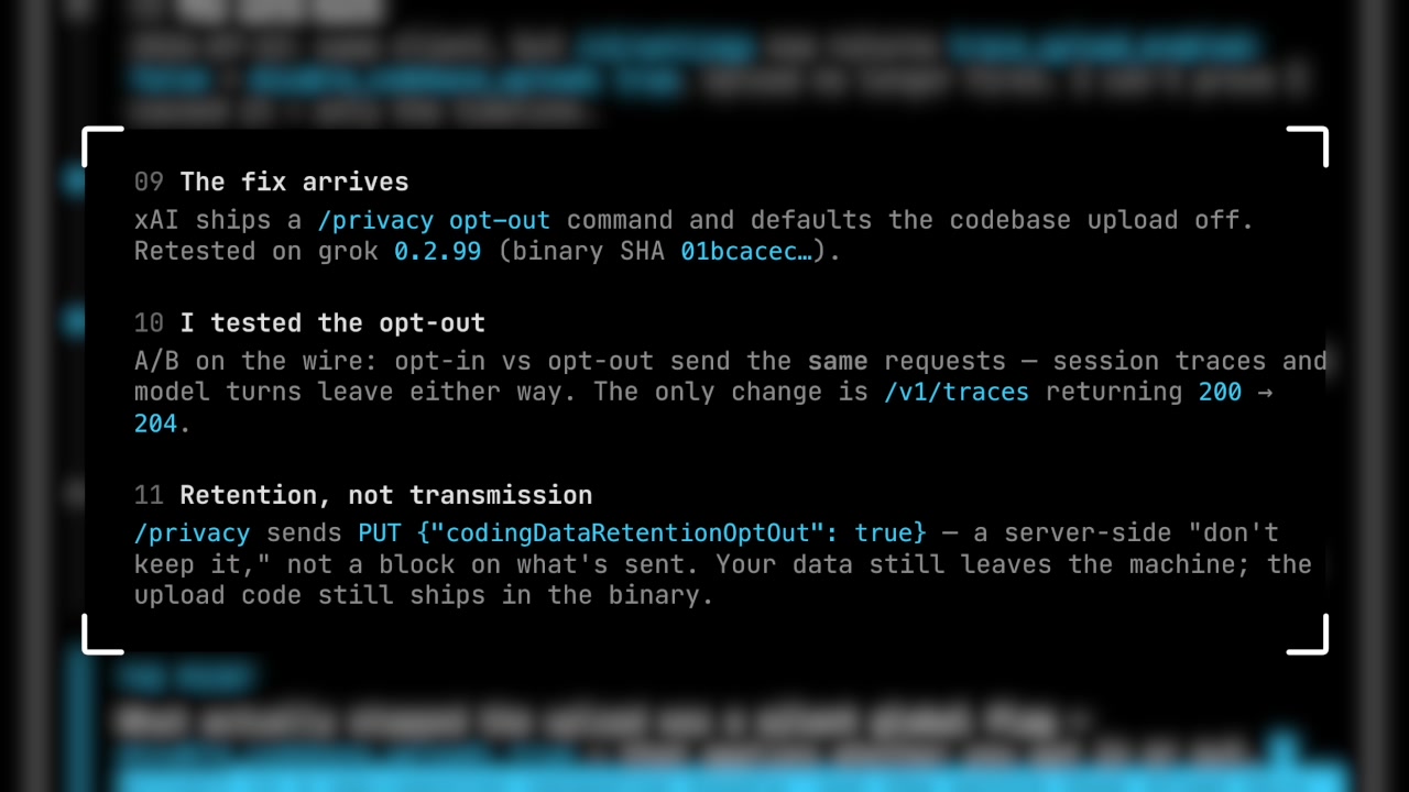 The report's analysis of the privacy command, showing that it controls server-side retention, not client-side transmission.