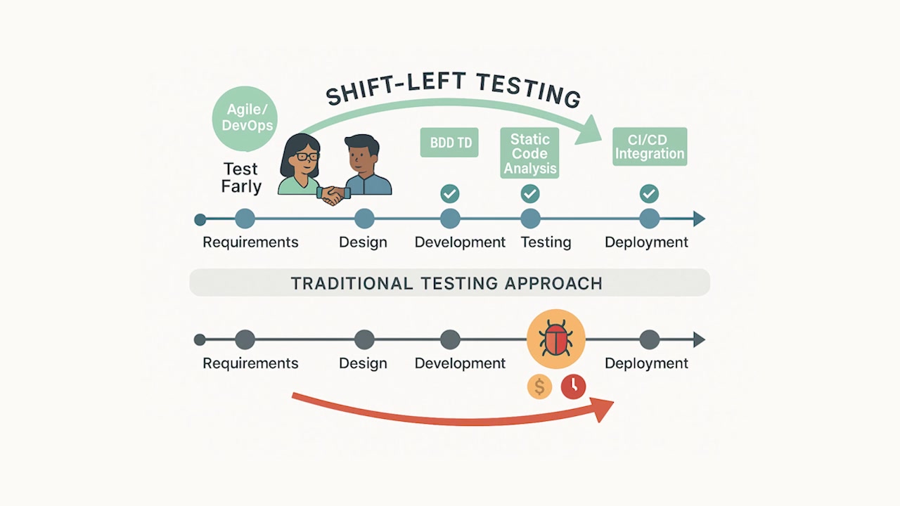 Diagram comparing the shift-left testing approach with the traditional testing approach, showing testing integrated early and often in the modern method