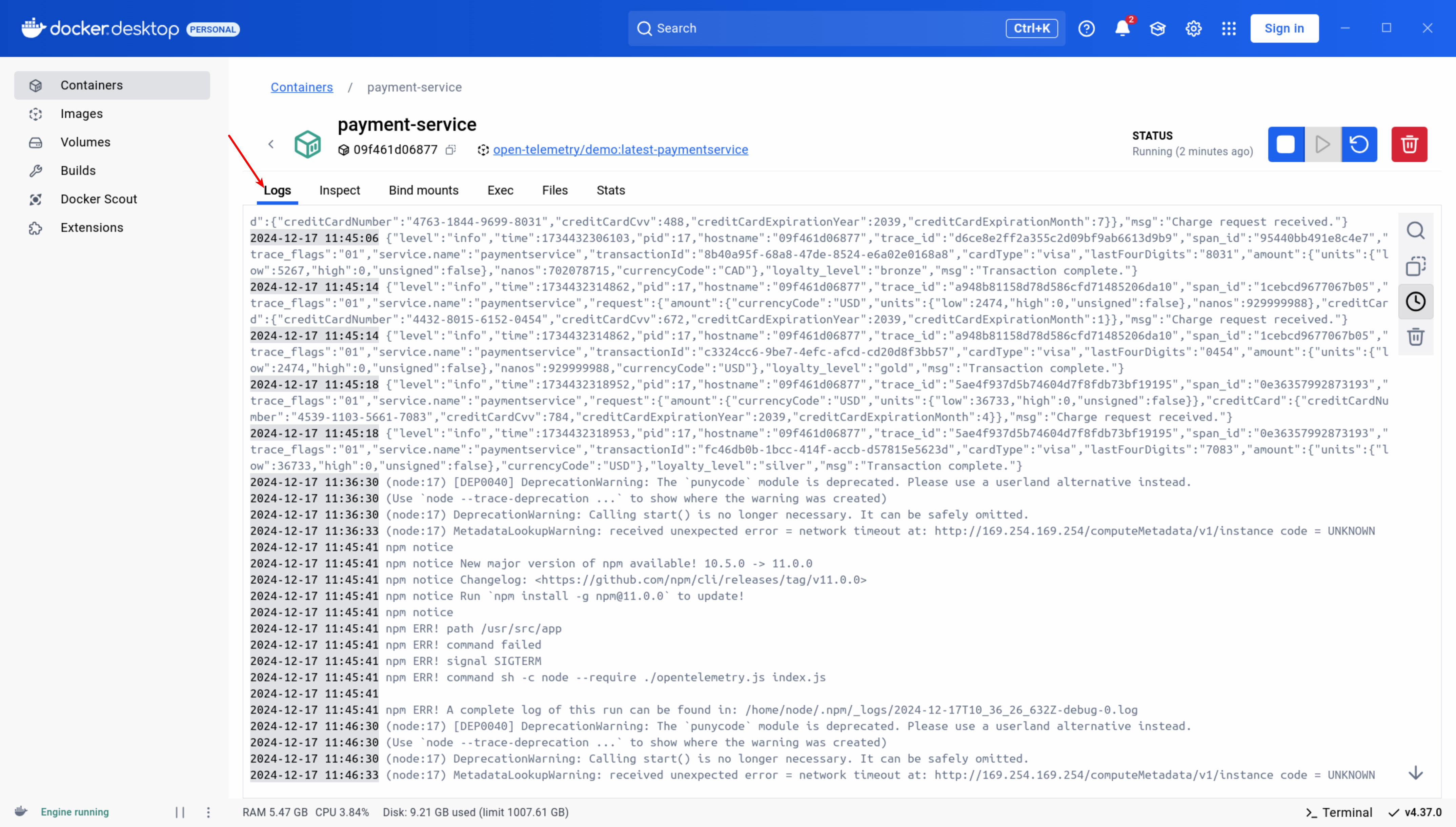 Docker logs in Docker Desktop