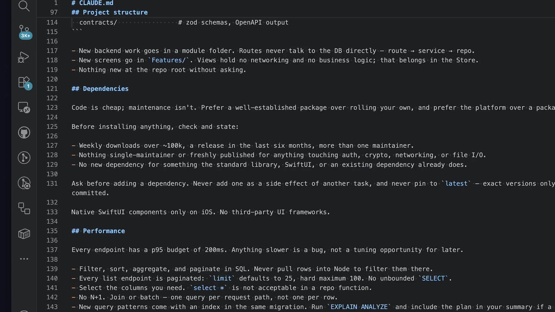 A code editor snippet showing the "Dependencies" section, outlining the rules for selecting and installing external packages.