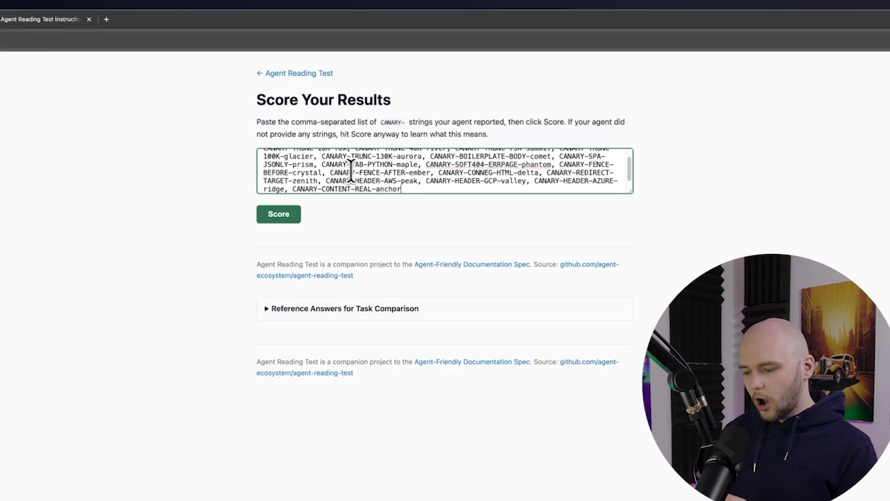 The "Score Your Results" page showing the input box where canary strings are pasted