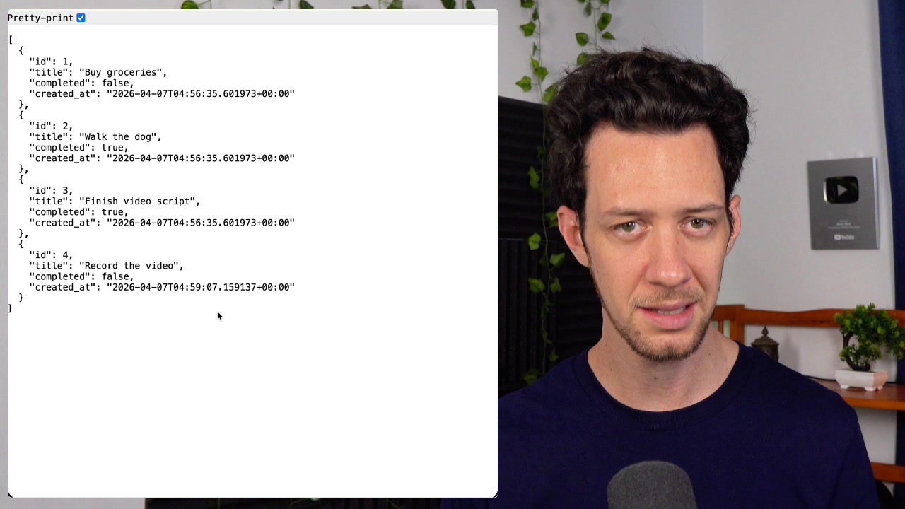 Terminal showing formatted JSON output from the GET /todos API call