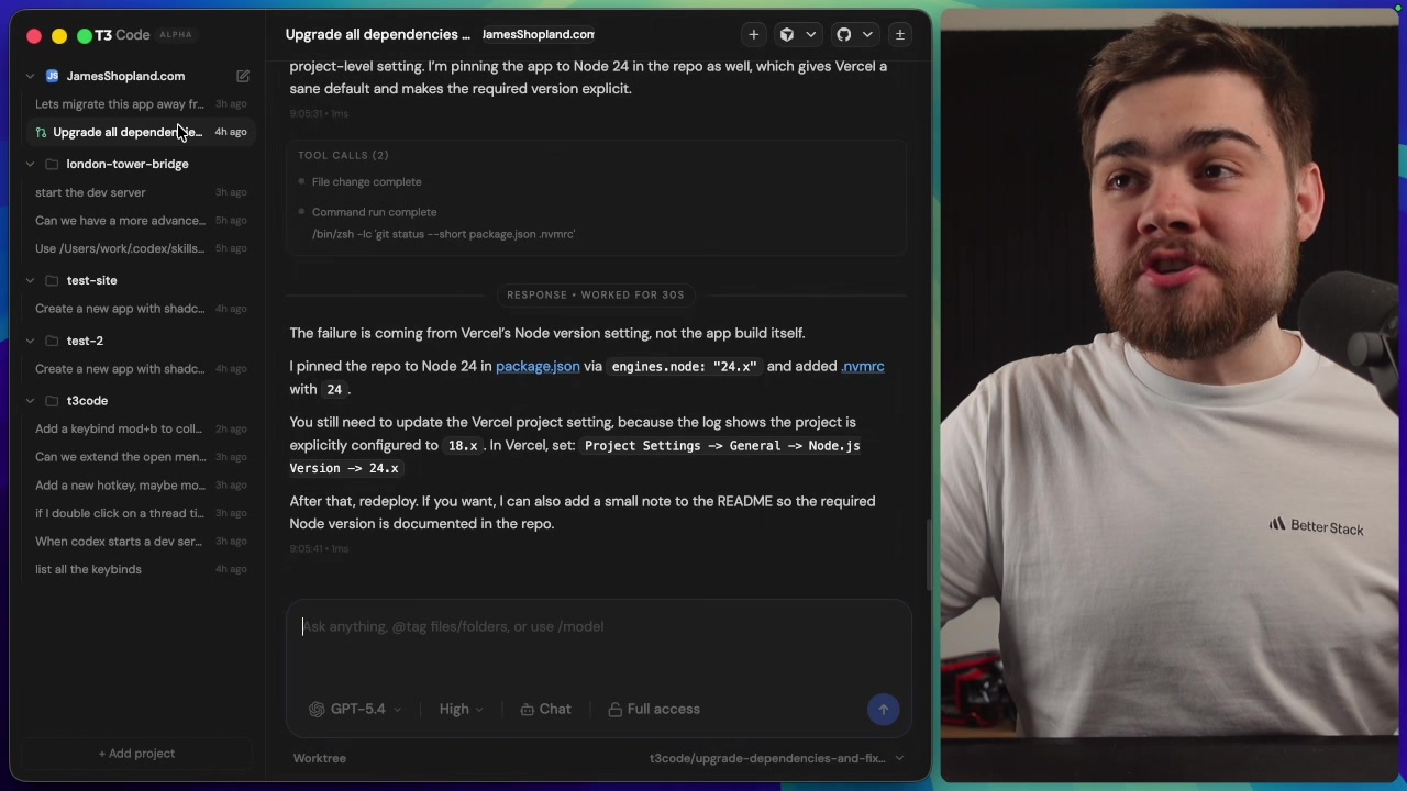 Main T3 Code interface showing the three-panel layout with the project list, thread list, and chat window