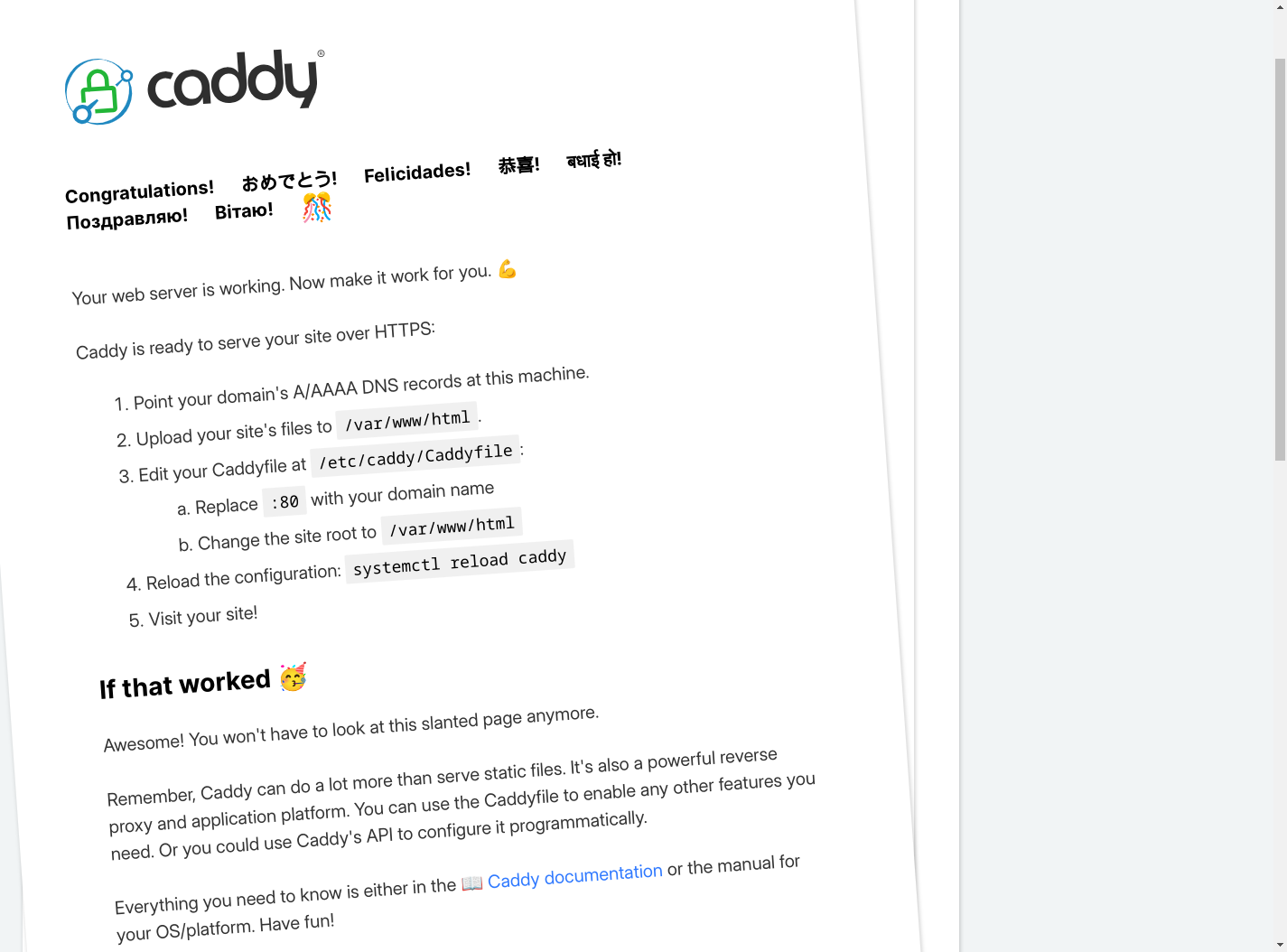 Caddy's default homepage