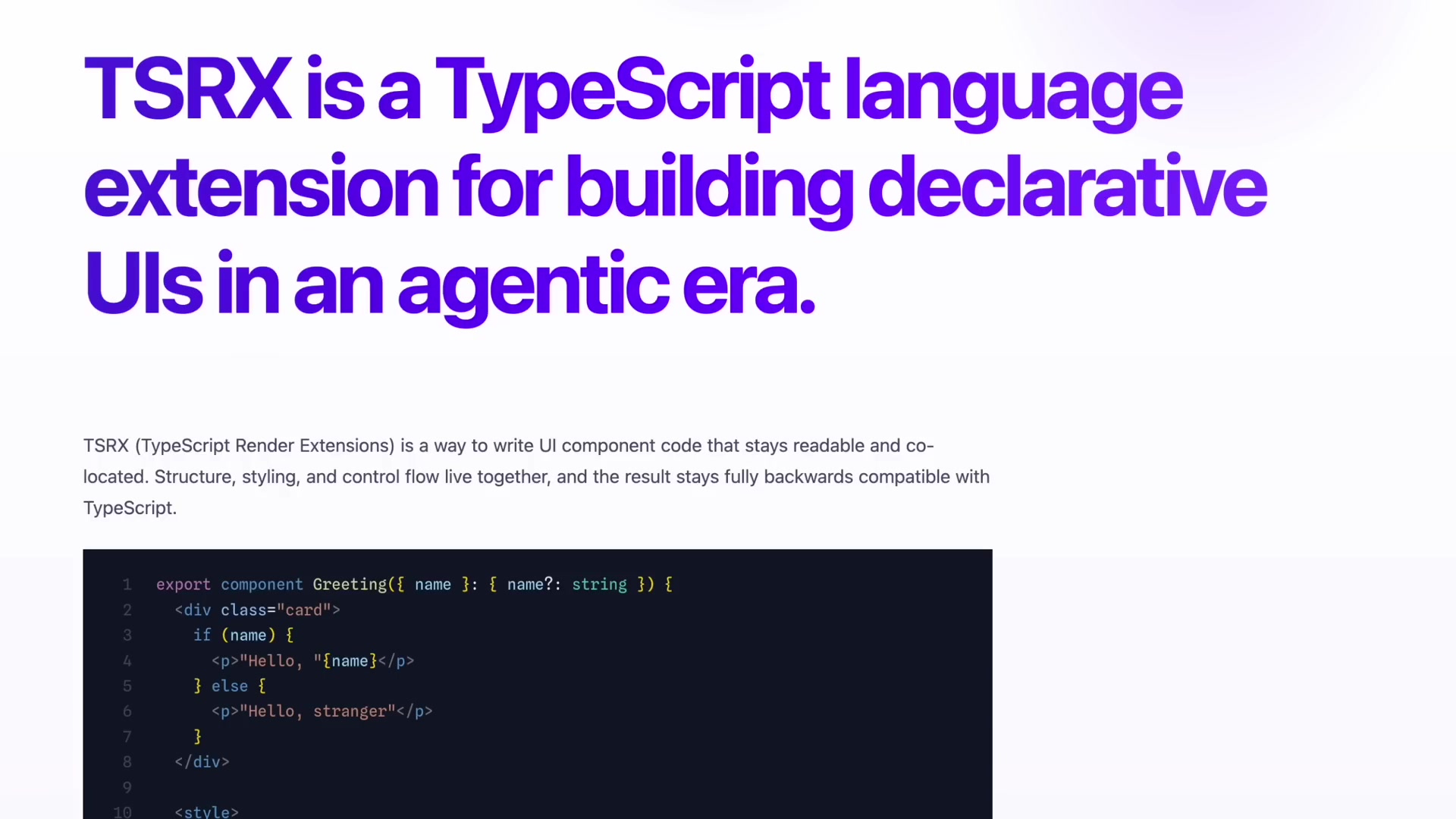 Official TSRX documentation definition highlighting its focus on readability and co-location