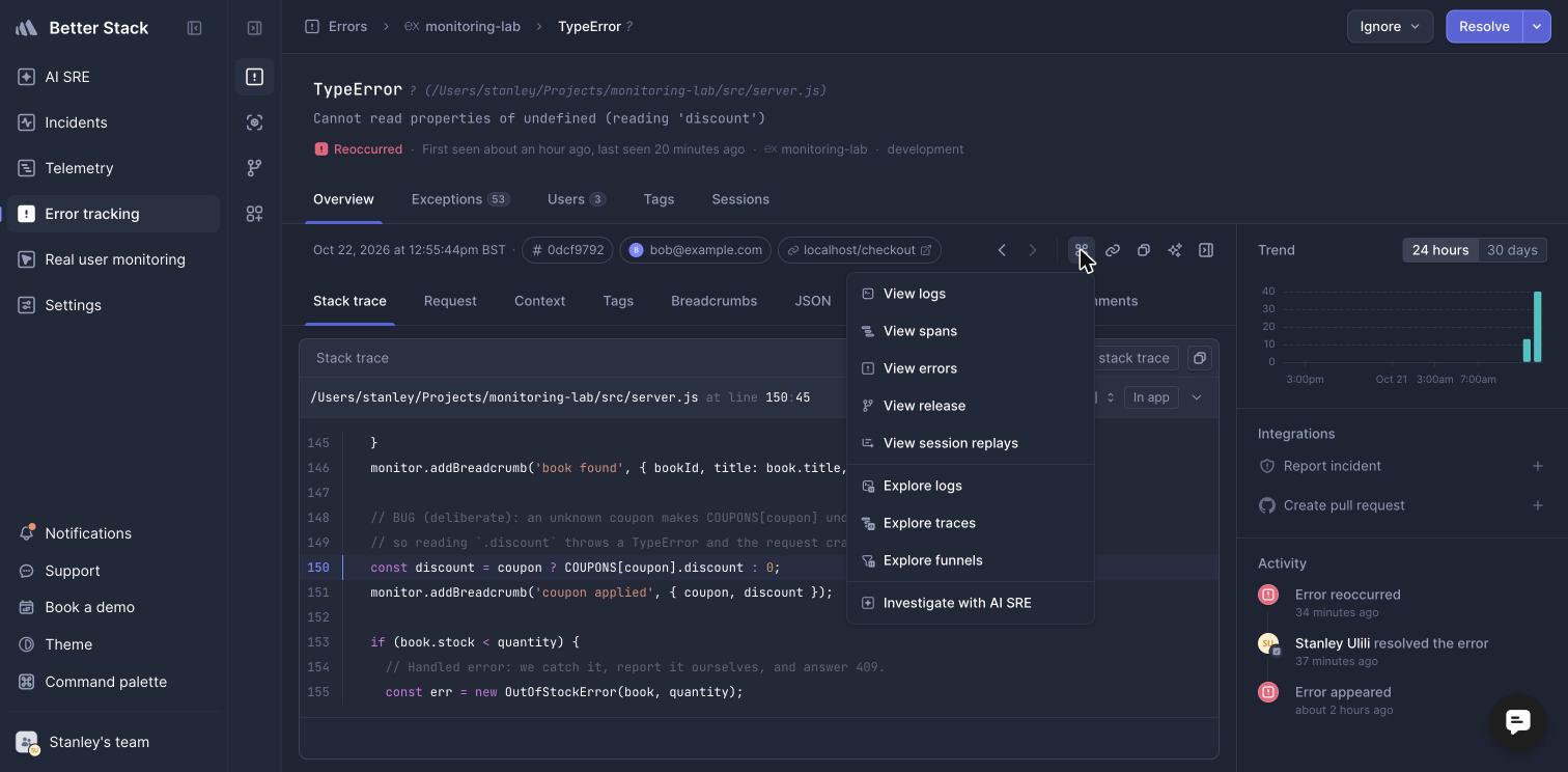 Better Stack View related menu on a server exception